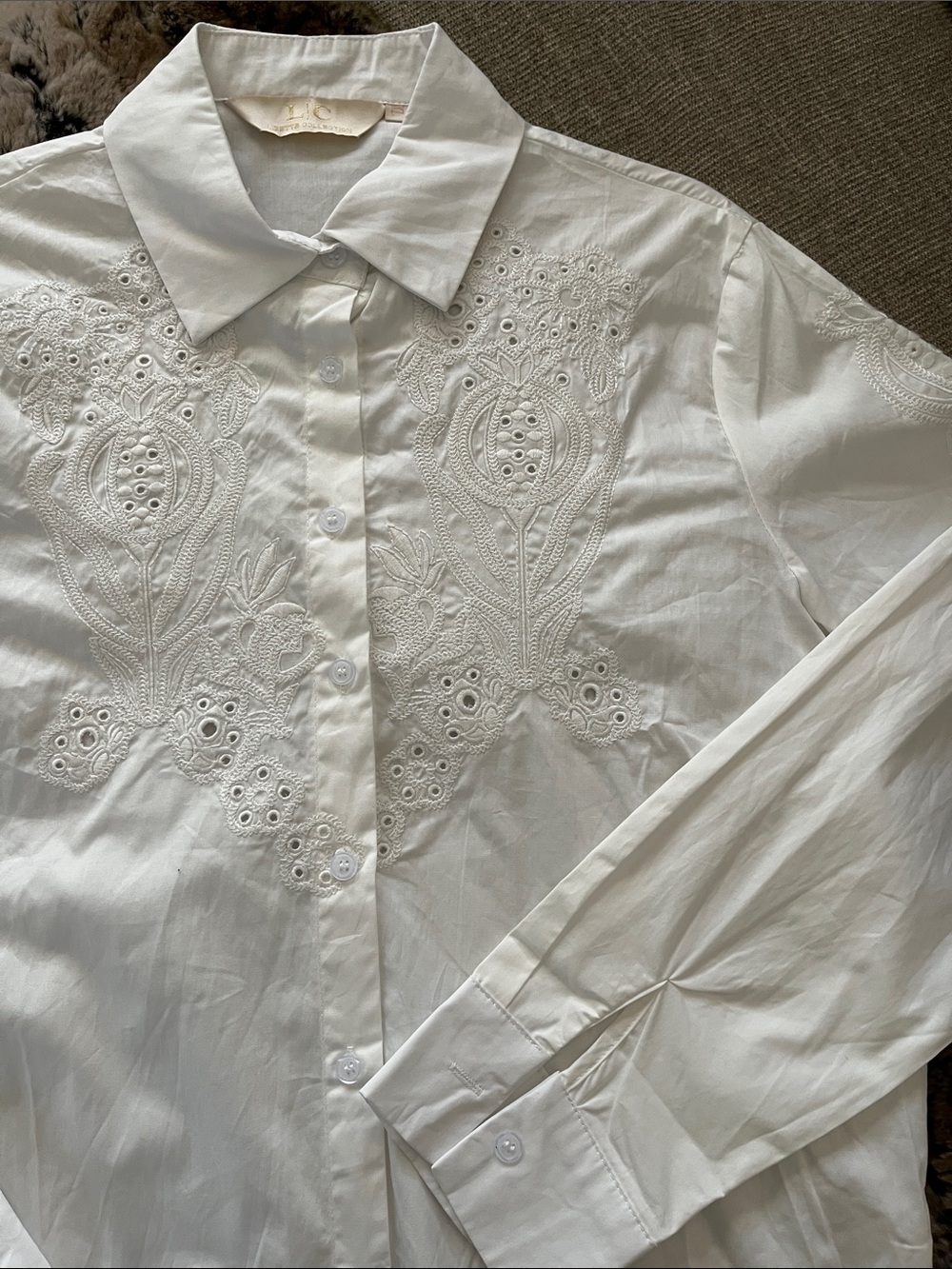 Embroidered White Cotton Button-Down Shirt by Lizette